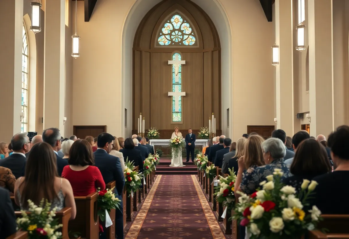 A gathering of community members at a church for a memorial service
