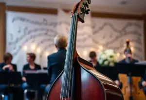 Memorial tribute for a music educator featuring a double bass.