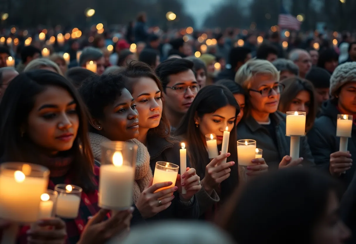 Community members holding candles in remembrance