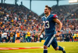 Action shot of a Texas football player during a game.