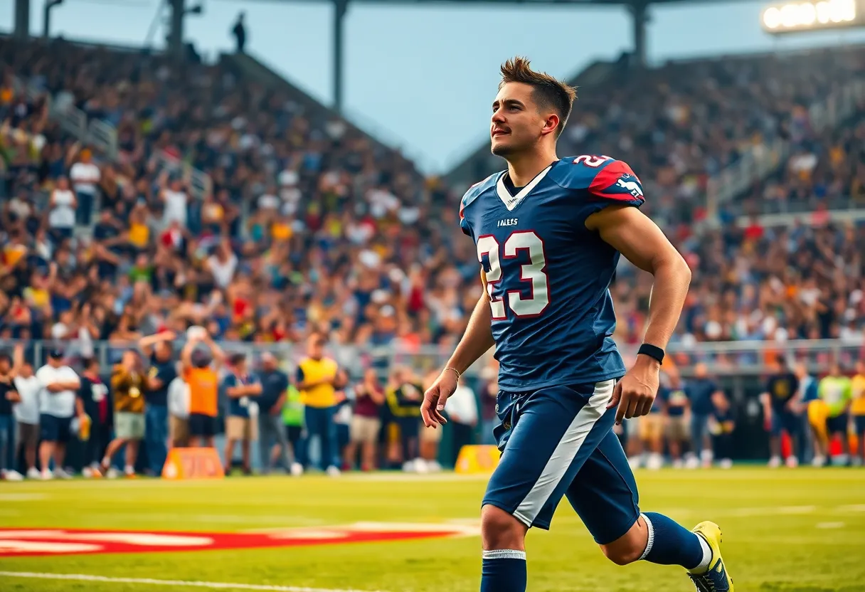 Action shot of a Texas football player during a game.