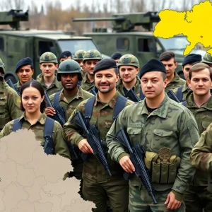 A diverse group of soldiers preparing for deployment to Ukraine with military vehicles.