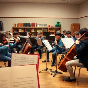 Young musicians learning in a music classroom