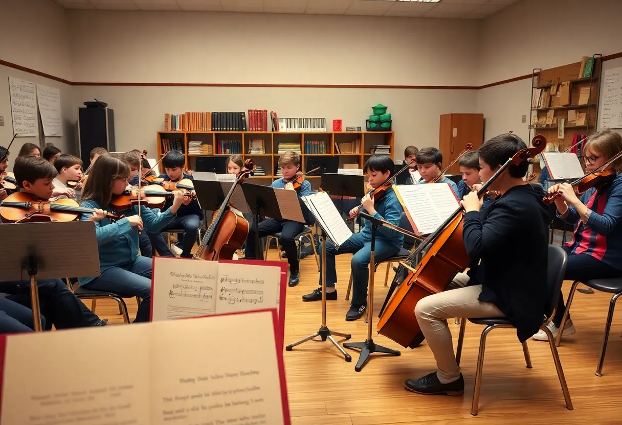 Young musicians learning in a music classroom