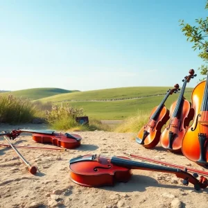 A beautiful landscape featuring orchestral instruments in a serene setting.
