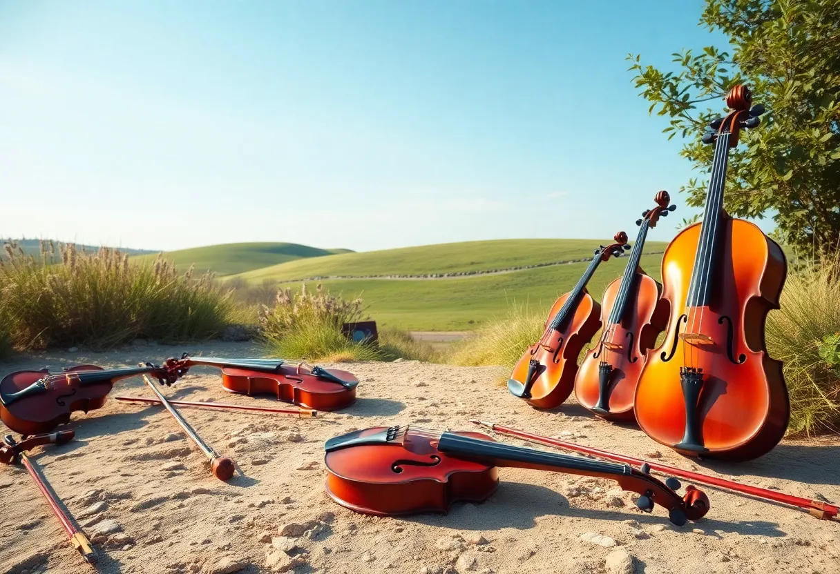 A beautiful landscape featuring orchestral instruments in a serene setting.