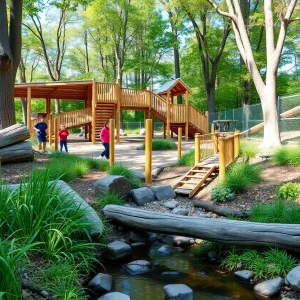 Children exploring the nature playground at St. George's Episcopal School