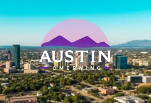Illustration of Austin's new city logo showcasing hills and violet skies.