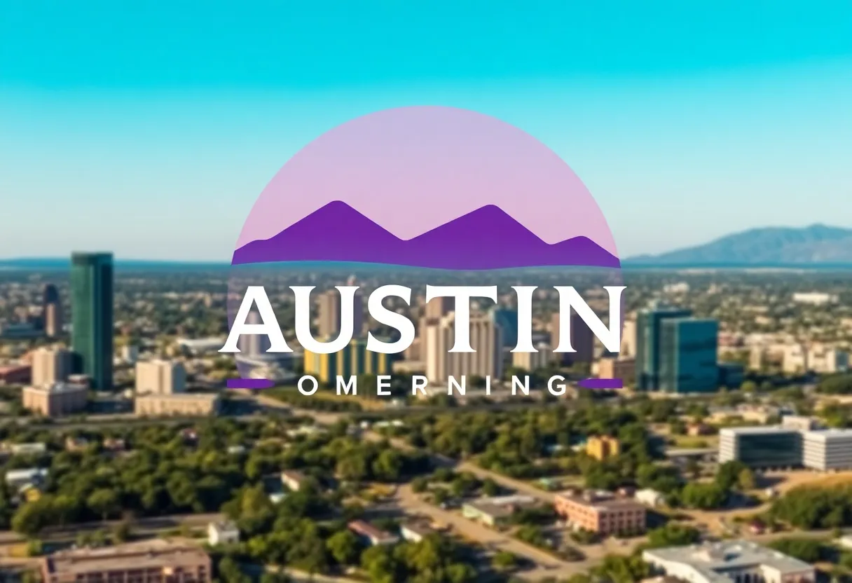 Illustration of Austin's new city logo showcasing hills and violet skies.