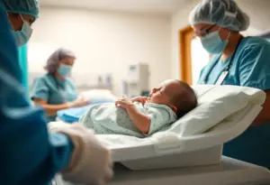 Newborn baby being cared for in a hospital