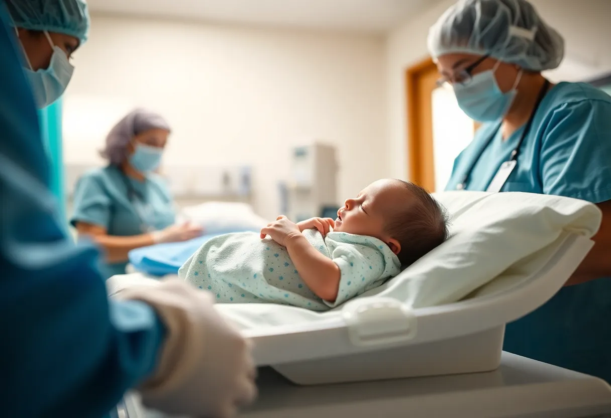 Newborn baby being cared for in a hospital
