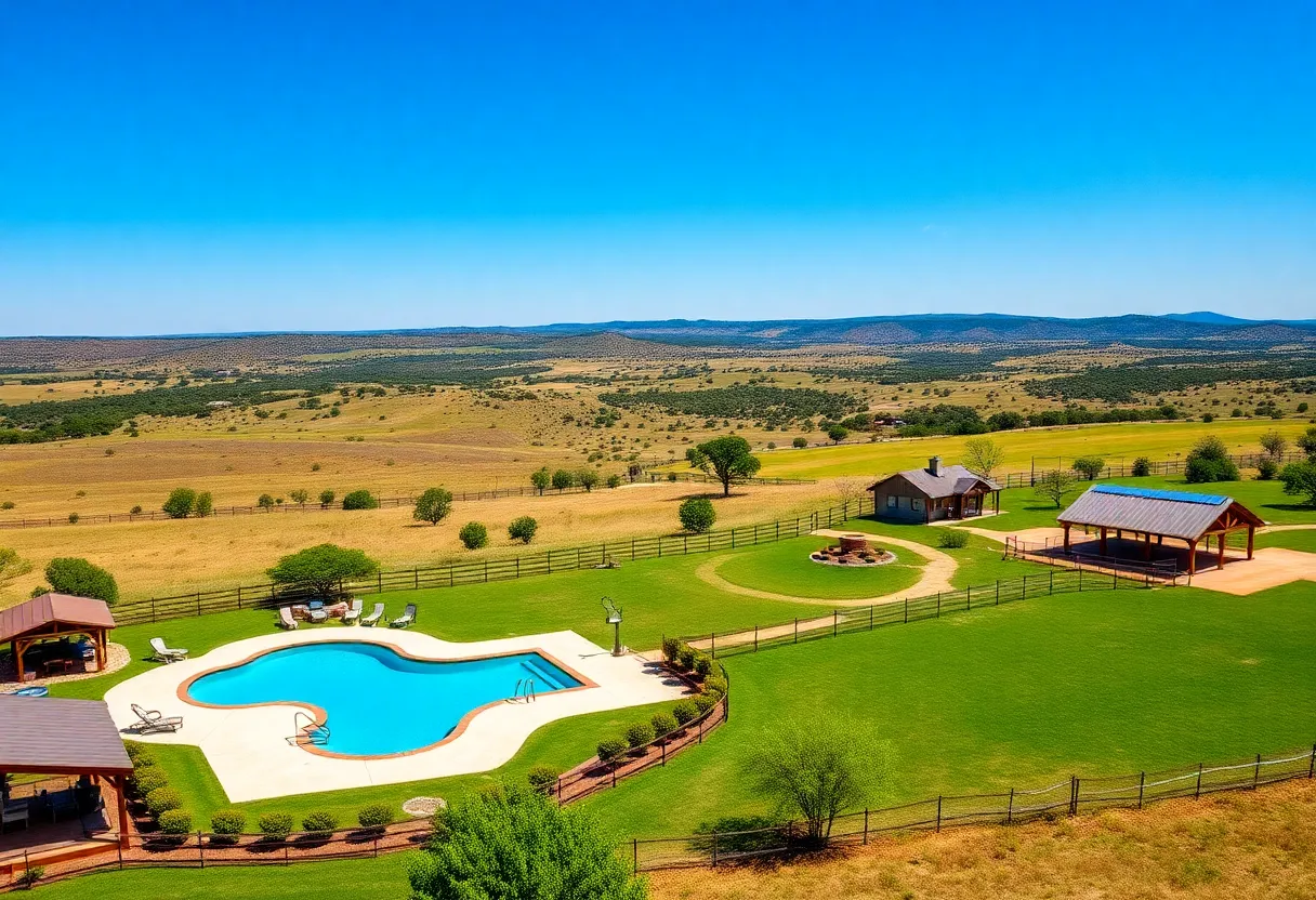 Expansive view of Otra Vez Ranch showcasing natural springs and horse facilities