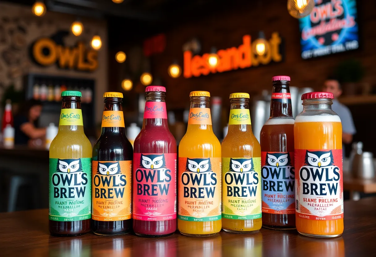 Colorful display of Owl's Brew flavored beverages in a Texas market.