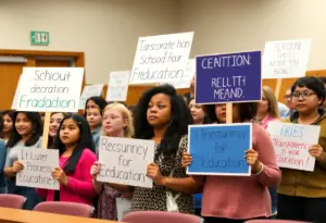 Concerned parents at a school meeting advocating against school closure.