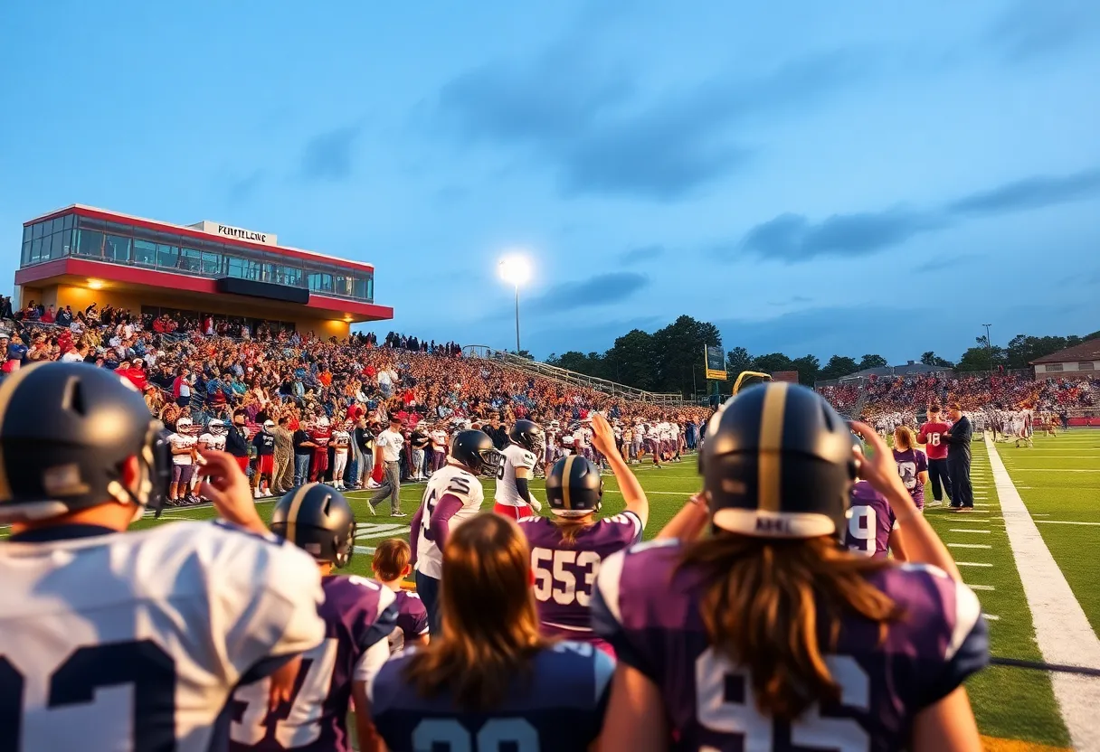 High school football players in action during a game.