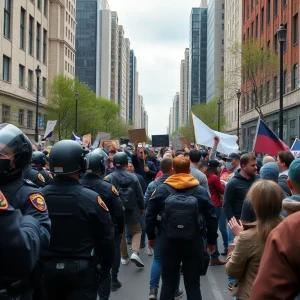 Protests in Portland with demonstrators and law enforcement.