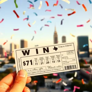 Celebration around Powerball jackpot win with Texas landmarks