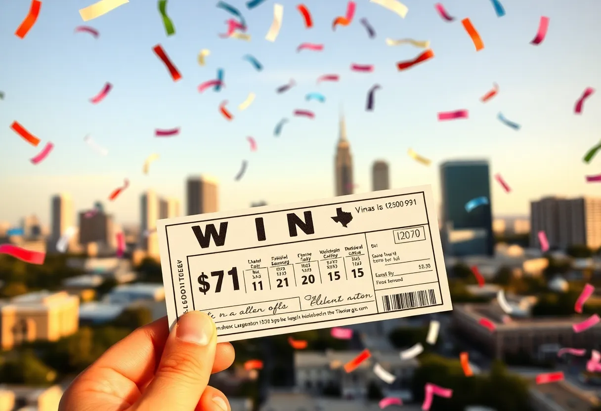 Celebration around Powerball jackpot win with Texas landmarks