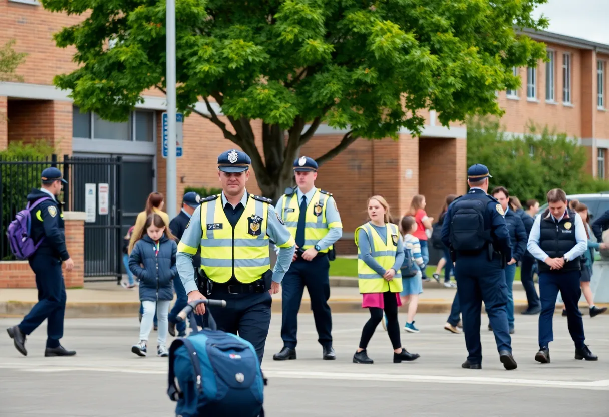 Police officers ensuring safety on a school campus in Austin