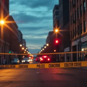 Police lights and caution tape at a crime scene in Austin after a shooting incident.