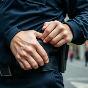 Police officer holstering SIG SAUER P320 handgun.