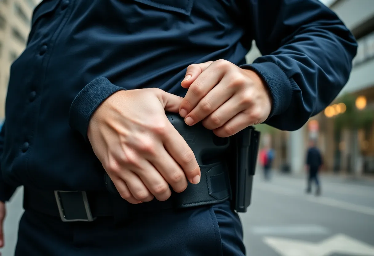 Police officer holstering SIG SAUER P320 handgun.