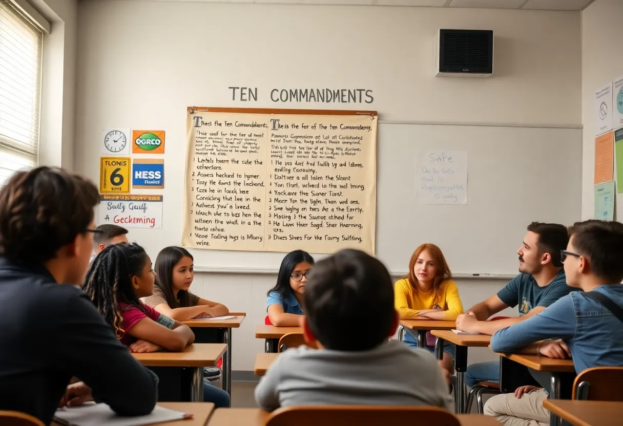 Classroom with Ten Commandments poster and diverse students