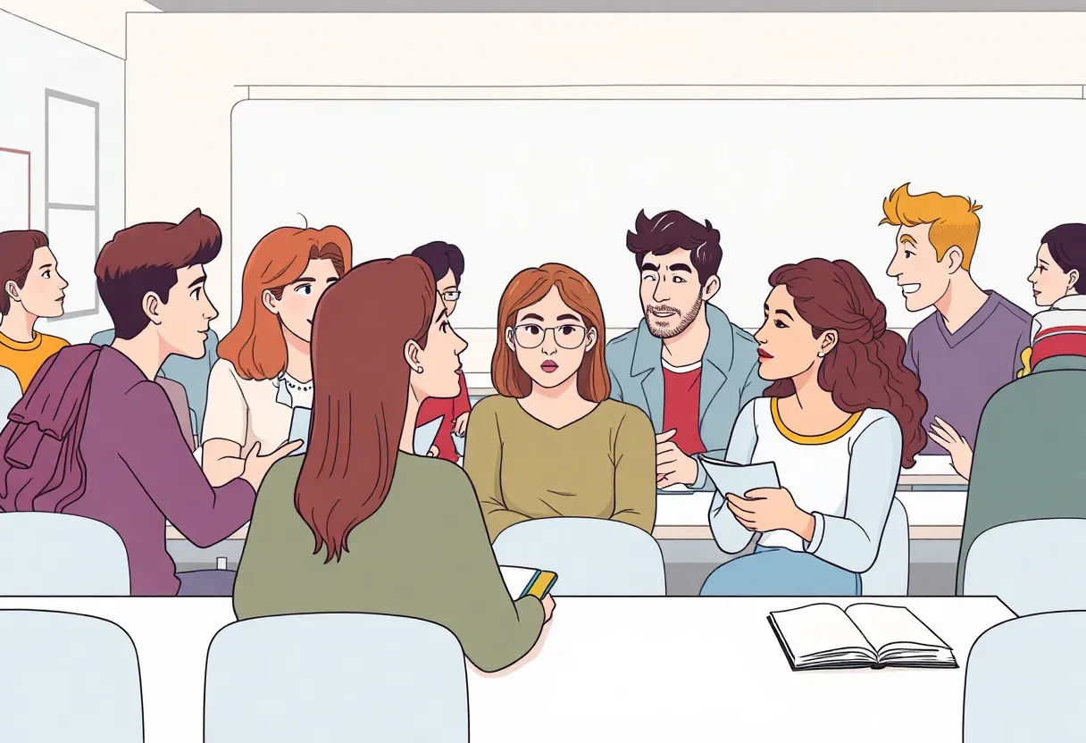 Illustration of a diverse university classroom discussing academic freedom and course content