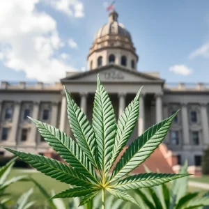 Texas State Capitol building with a cannabis leaf symbol