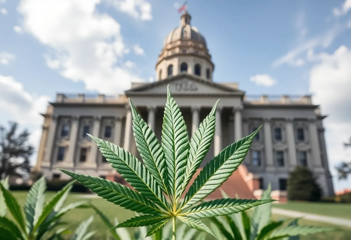 Texas State Capitol building with a cannabis leaf symbol