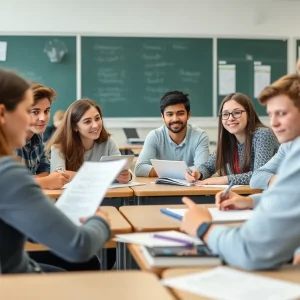Students working together in a classroom setting focused on assessments