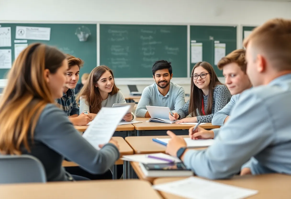 Students working together in a classroom setting focused on assessments