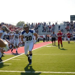 Action shot of a Texas high school football game with players in uniforms and fans in the stands.