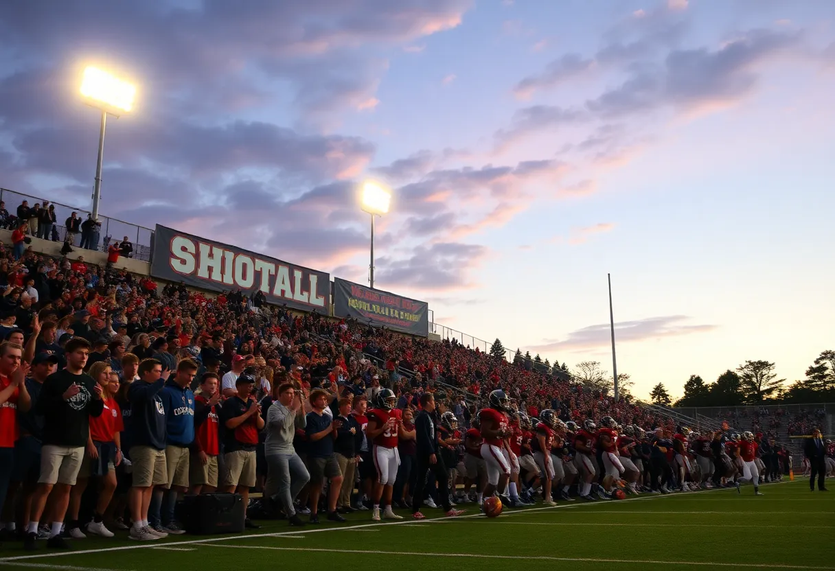 High school football players in action during a night game