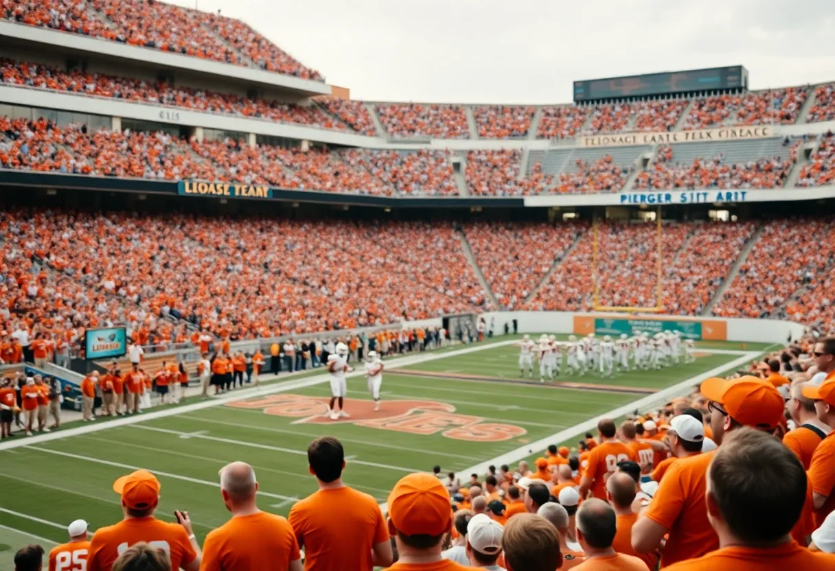 Texas Longhorns football team warming up before a game.