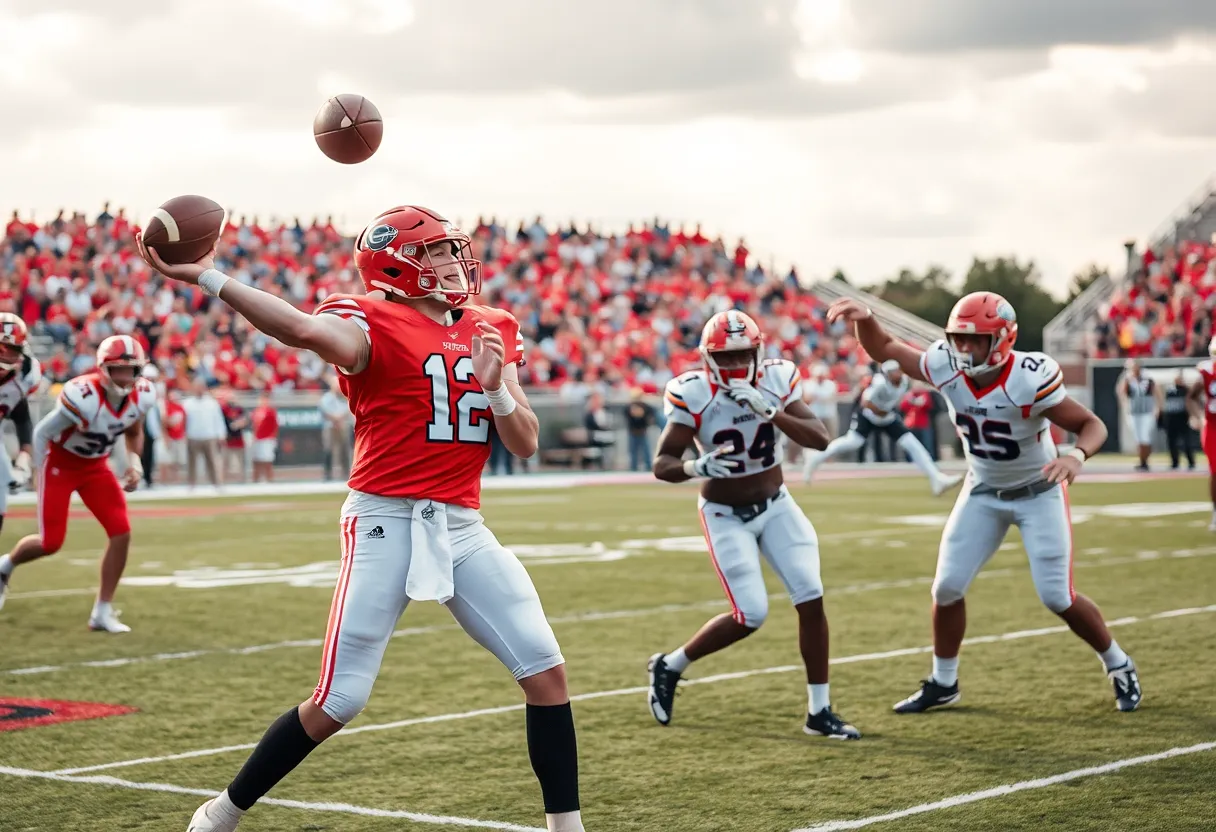 A Texas Longhorns quarterback throwing a pass during a game.