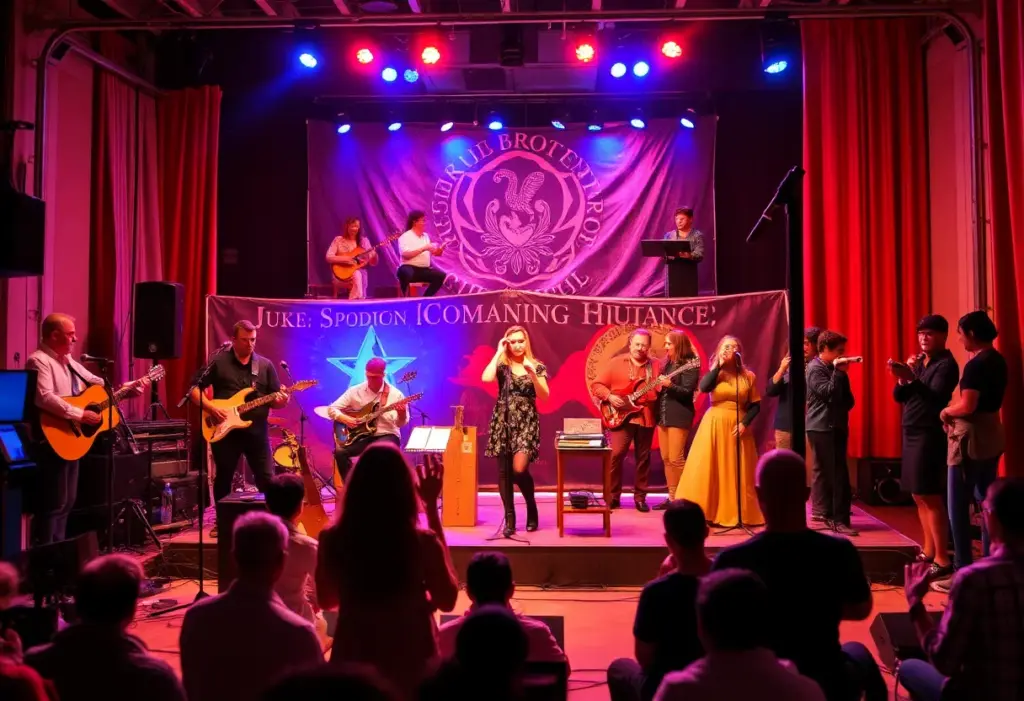 Collage of diverse performing arts showcasing music, dance, and theatre.