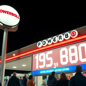 Gas station celebrating Powerball jackpot with sign