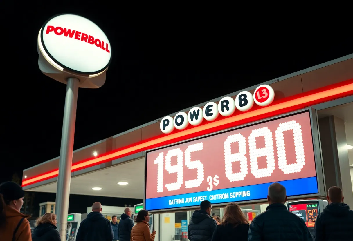 Gas station celebrating Powerball jackpot with sign