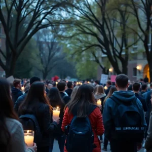 Students at Texas State University vigil discussing free speech issues