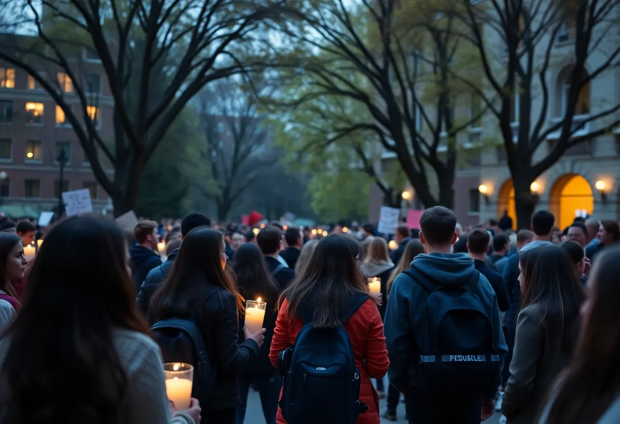 Students gathering at a vigil on campus
