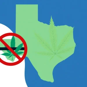 Illustration of a 'No Vaping' sign and cannabis leaf representing the THC vapes ban in Texas.