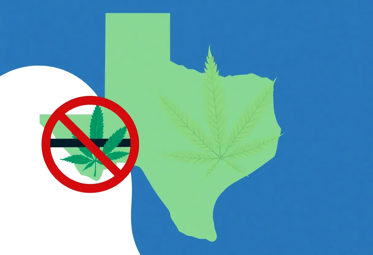 Illustration of a 'No Vaping' sign and cannabis leaf representing the THC vapes ban in Texas.