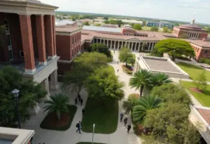 Aerial view of university campus with students in Texas