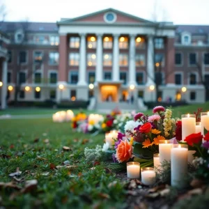 Campus memorial with flowers symbolizing respect and remembrance