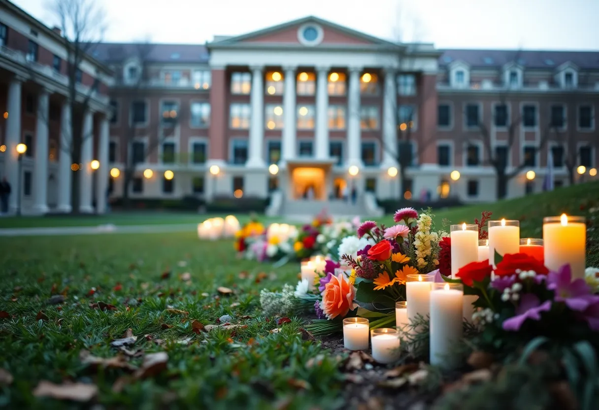 Campus memorial with flowers symbolizing respect and remembrance