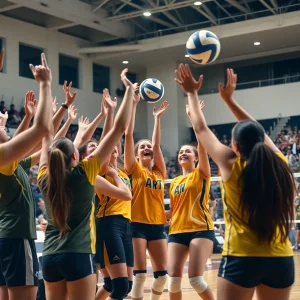 Texas Volleyball players celebrating a match victory