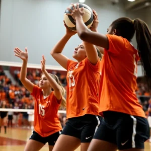 Texas volleyball team celebrating their victory against TCU