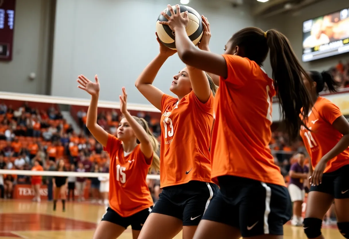 Texas volleyball team celebrating their victory against TCU