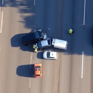 Emergency services responding to a multi-vehicle accident on State Highway 130.